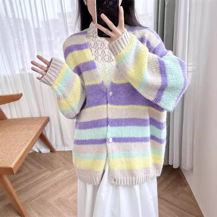 New retro dopamine striped V-neck sweater with lazy and gentle long sleeves, loose wool knit cardigan for women