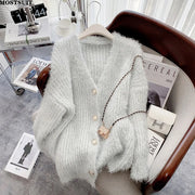 Silver Thread Knitted Sweater Coat Women V-neck Loose Fashion Chic Cardigan Jacket Long Sleeve Oversized Thicken Jumpers Tops