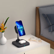 3-in-1 magnetic wireless charger holder with cooling fan suitable for wireless charging of iPhone earphones and watches