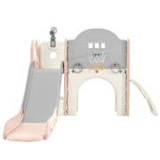 Kids Slide Playset Structure 7 in 1, Freestanding Spaceship Set with Slide, Arch Tunnel Pink+Grey + HDPE