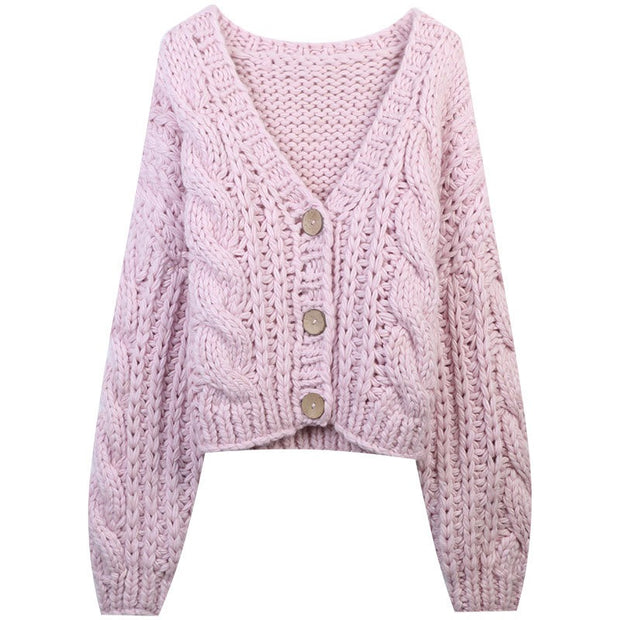 Long sleeved V-neck single breasted loose soft and sticky knitted cardigan jacket