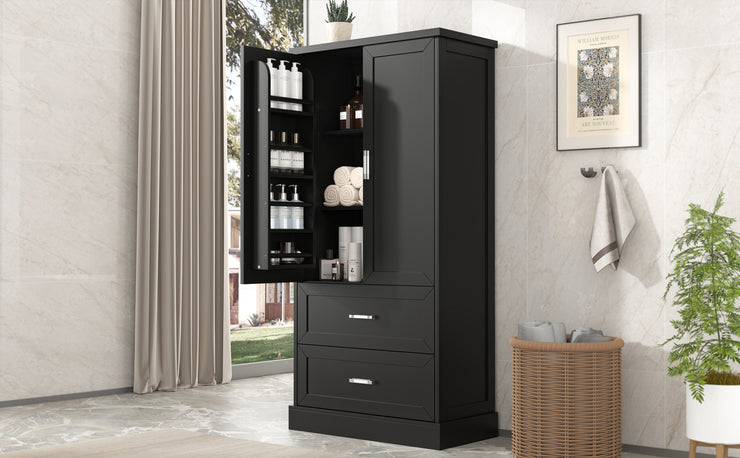 Tall Bathroom Storage Cabinet, Cabinet with Two Doors and Drawers, Adjustable Shelf, MDF Board, Black