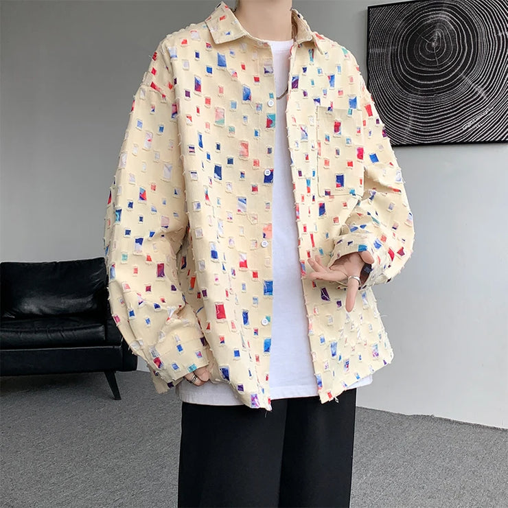 Cotton Hollow Out Shirt Men Oversized Colorful Plaid Shirt Men Streetwear Loose Long Sleeve Shirt Mens Hole Patch Shirts M-3XL - Follow yourDream