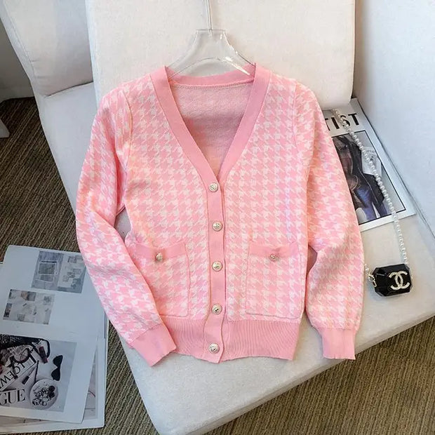 Houndstooth V-neck Sweater Cardigan Women Korean Vintage Elegant Fashion Knitwear Tops Long Sleeve Single-breasted