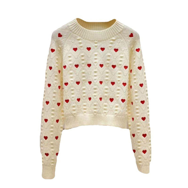 Round neck knitted sweater for women in autumn, embroidered with love, casual and versatile, sweet and stylish, long sleeved sweater for women