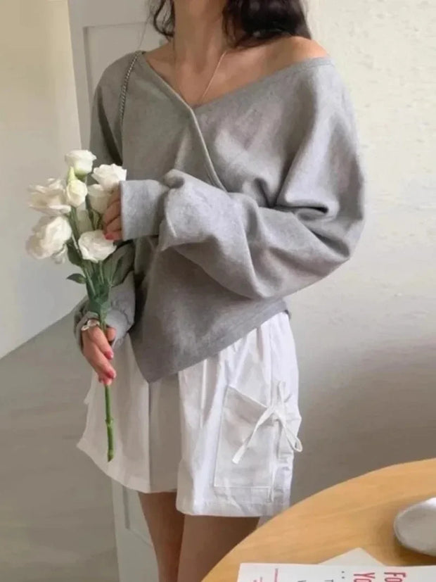 V-neck Off Shoulder Hoodie Long Sleeve Hoodies Irregular Hem Clothes Korean Chic Ropa Mujer Vintage Sudaderas All-match Roupas