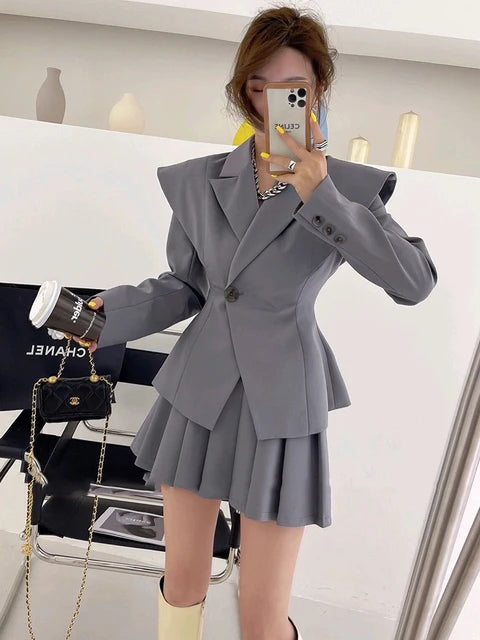 Fashion Office Lady Designer Short Blazer Women's Clothing Coat 2024 Spring Autumn New Fashion Pleated Skirt 2 Piece Female