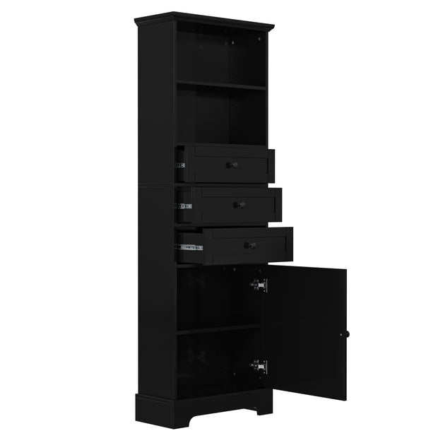 Black high storage cabinet with 3 drawers and adjustable shelves, MDF board painted