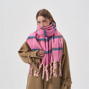 Handmade knotted tassel dopamine pink plaid scarf cold resistant thickened plaid student scarf shawl