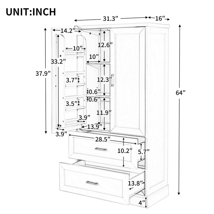 Tall Bathroom Storage Cabinet, Cabinet with Two Doors and Drawers, Adjustable Shelf, MDF Board, Black