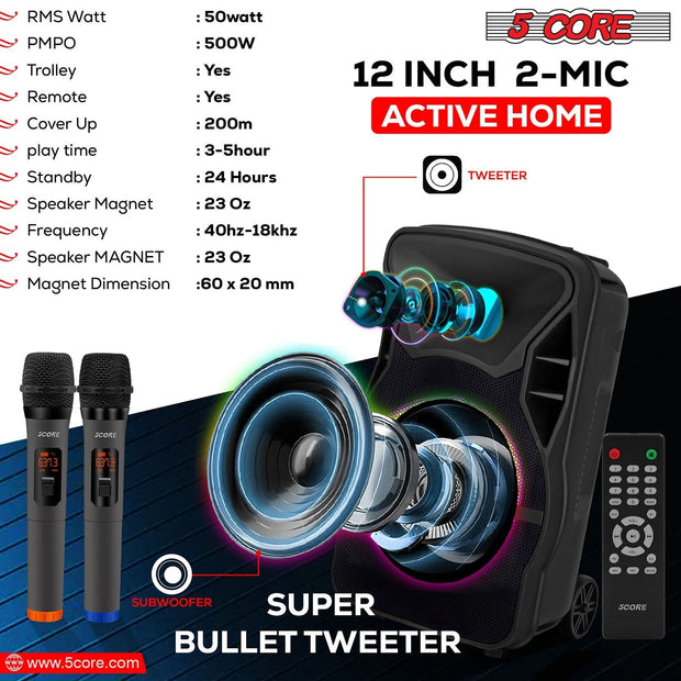 5Core 12 inch PA Portable Bluetooth Party Speaker Karaoke Boombox + 2 - Follow yourDream