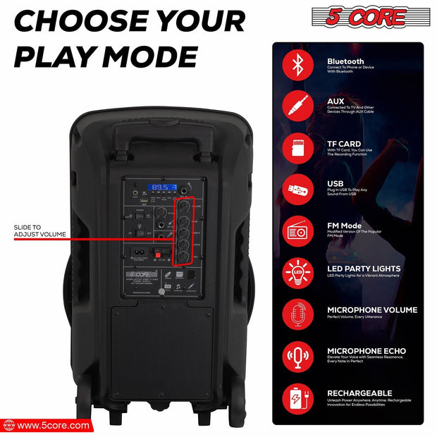 5Core 12 inch PA Portable Bluetooth Party Speaker Karaoke Boombox + 2 - Follow yourDream