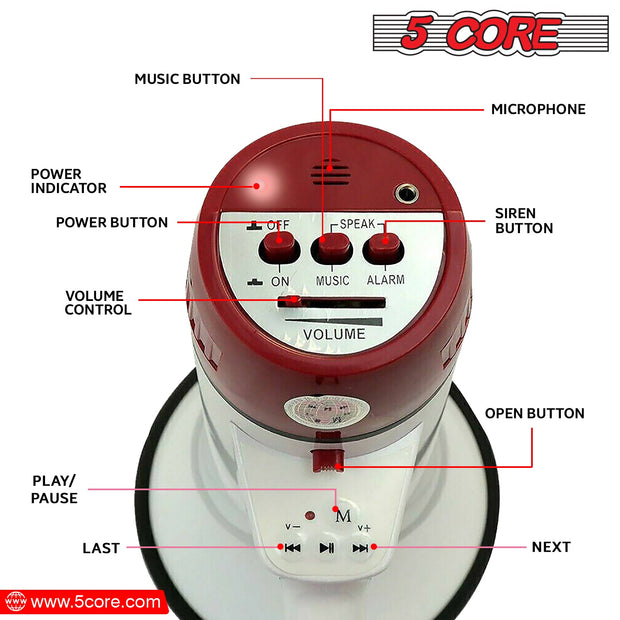 5Core Megaphone Bullhorn Speaker 40W Bull Horn Rechargeable Cheer - Follow yourDream