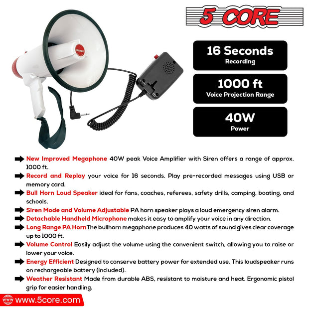 5Core Megaphone Bullhorn Speaker 40W Bull Horn Rechargeable Cheer - Follow yourDream