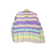 New retro dopamine striped V-neck sweater with lazy and gentle long sleeves, loose wool knit cardigan for women