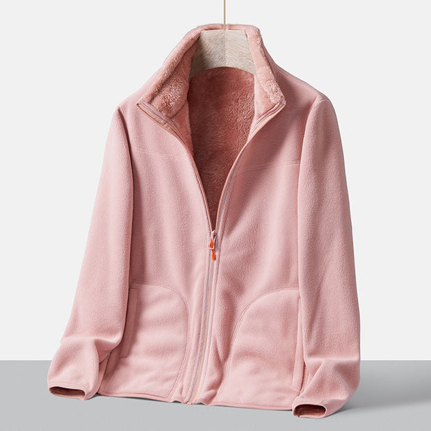 Autumn new double-sided warm fleece jacket for women, thickened couple style, coral fleece stand up collar cardigan jacket