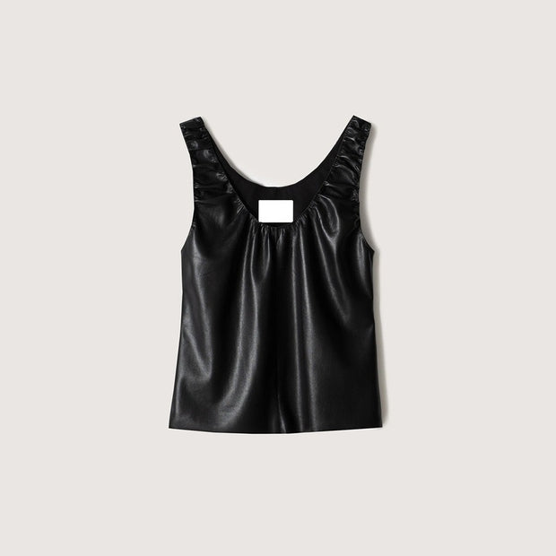 Artificial leather pleated sleeveless top vest for women