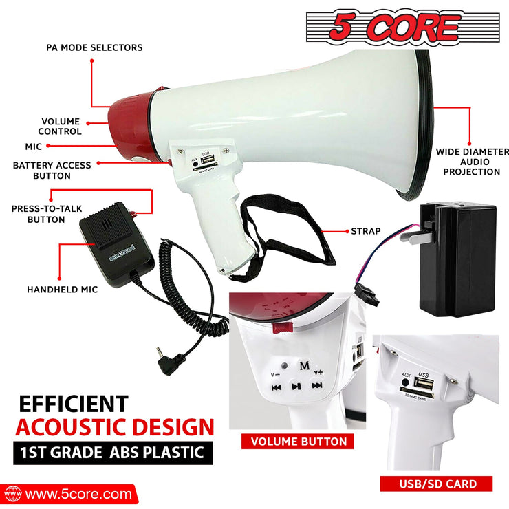 5Core Megaphone Bullhorn Speaker 40W Bull Horn Rechargeable Cheer