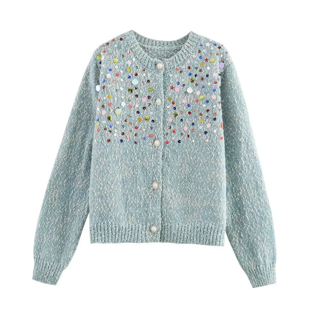 French fashion casual versatile girls' colorful sequin knitted sweater cardigan jacket