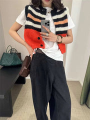 Wool-blend Mohair Striped Color Contrast Vest  Women Knit Top Niche Design Knitted Outfit Chic Sweater