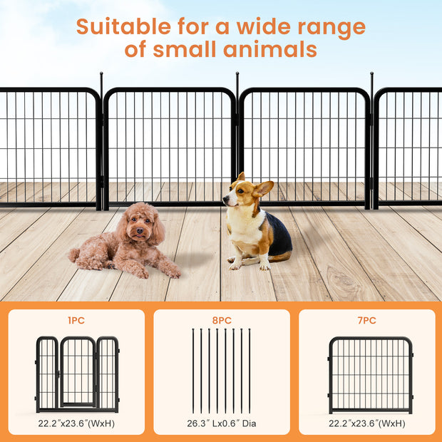 8-panel dog fence, 24 inch small dog pet fence, portable indoor pet game fence. Black, 22.2 inches wide x 23.6 inches high.