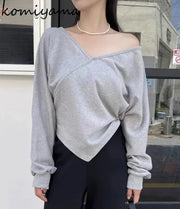 V-neck Off Shoulder Hoodie Long Sleeve Hoodies Irregular Hem Clothes Korean Chic Ropa Mujer Vintage Sudaderas All-match Roupas