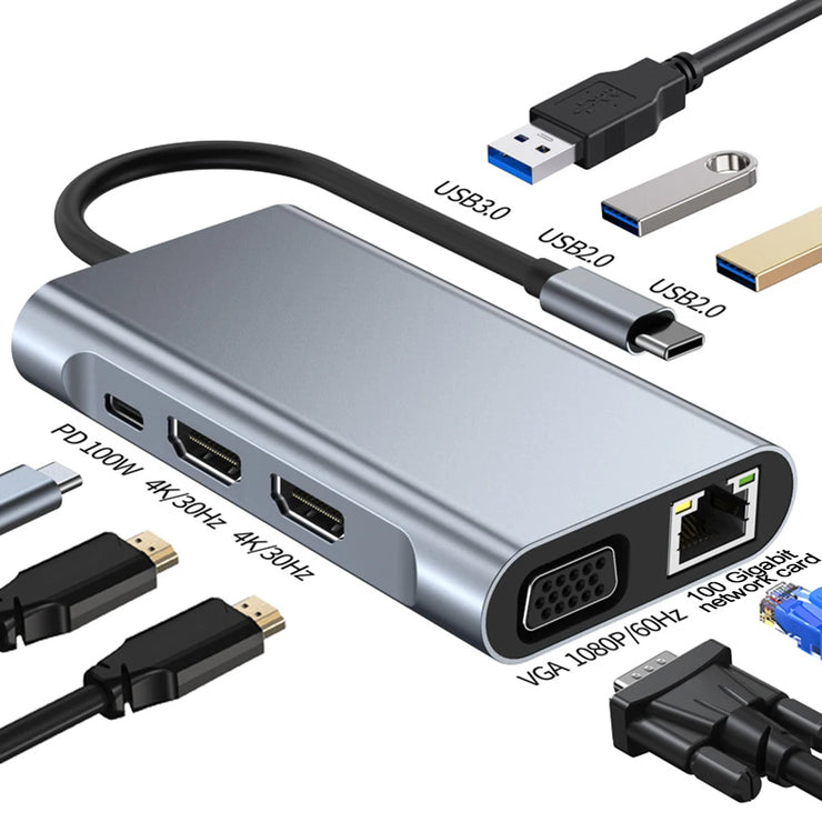 Cross border 8-in-1 docking station network card MST multi screen display suitable for Apple Huawei computer type-c docking station - Follow yourDream