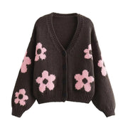 Fashionable flower jacquard V-neck single breasted long sleeved knitted cardigan jacket