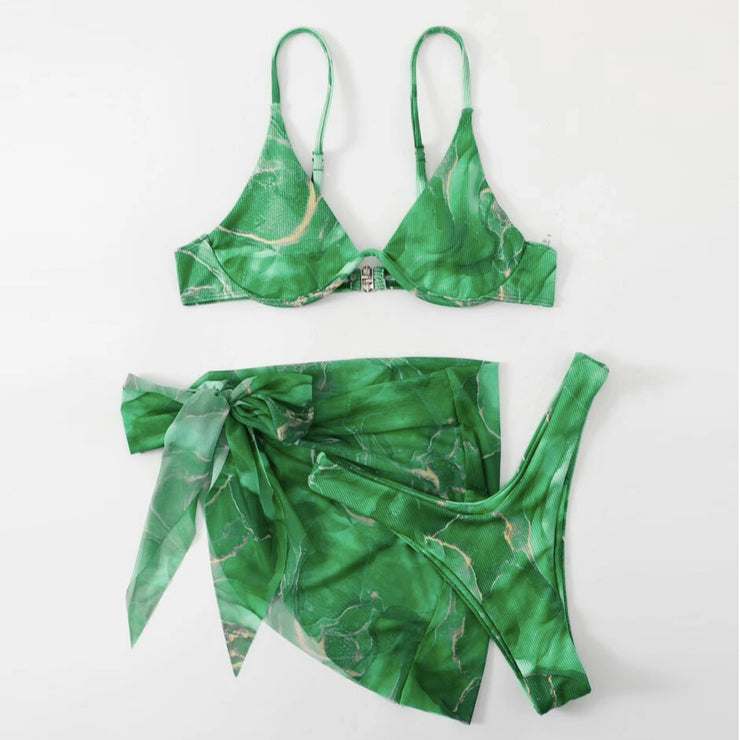 Ladies' swimsuit marble patterned three piece set sexy bikini