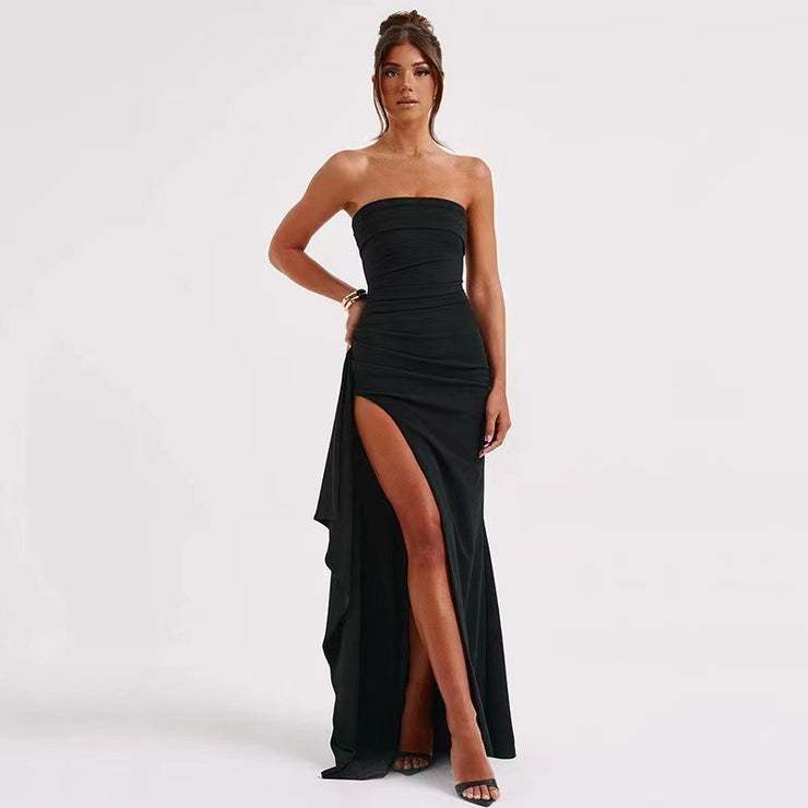 Evening dress, party, women's straight neck strapless dress, sexy backless high slit long skirt