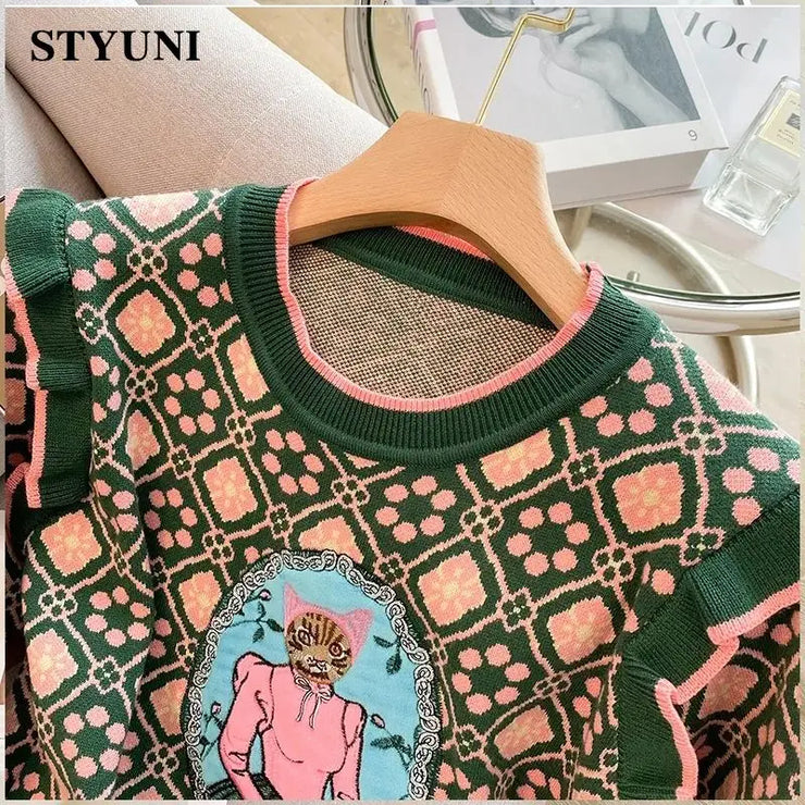 Cat Cartoon Embroidery Plaid O-Neck Long Sleeve Acrylic Knitted Women's Sweater Korean Fashion Pullover Sweaters Autumn Winter