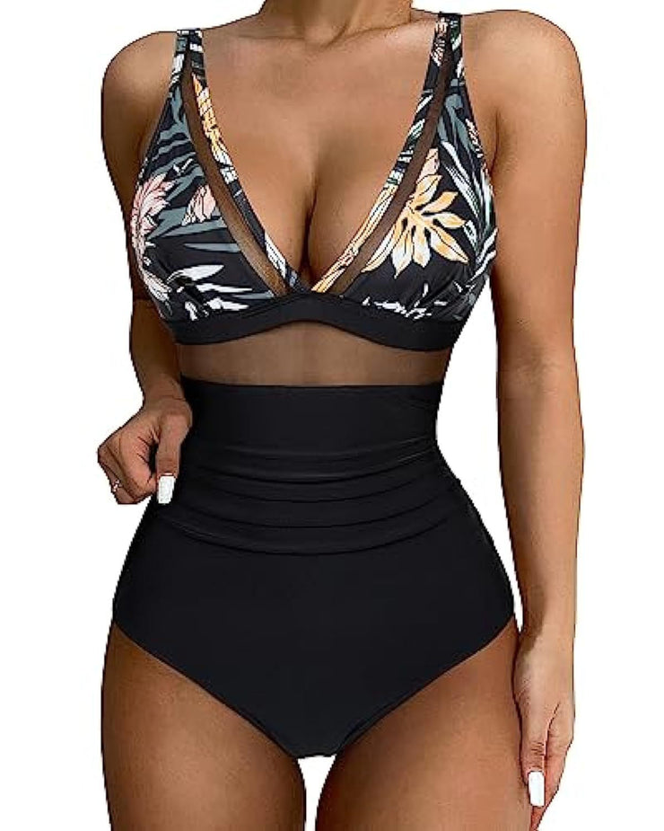 European and American high waisted one-piece swimsuit women's tight and sexy hollow swimsuit