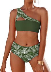 Split swimsuit bikini high waisted single shoulder double-sided plant printed swimsuit