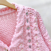 Pink three-dimensional strawberry hand woven rod needle nail bead loose sweater top jacket for women