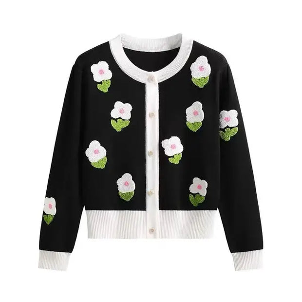 Elegant Vintage Flower Knitted Cardigan Sweater For Women 2023 Autumn Long Sleeve Single-breasted Fashion Ladies Knitwear Jumper