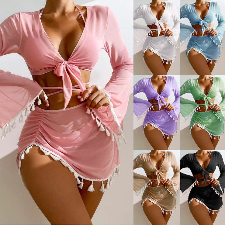 Four piece set of solid color tassel top mesh skirt bikini swimsuit for women