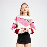 Crew Neck Color Block Sweater Pink Knit Pullover Long Sleeve Jumpers Knitwear Tops   Autumn/Winter New in Woman Clothing