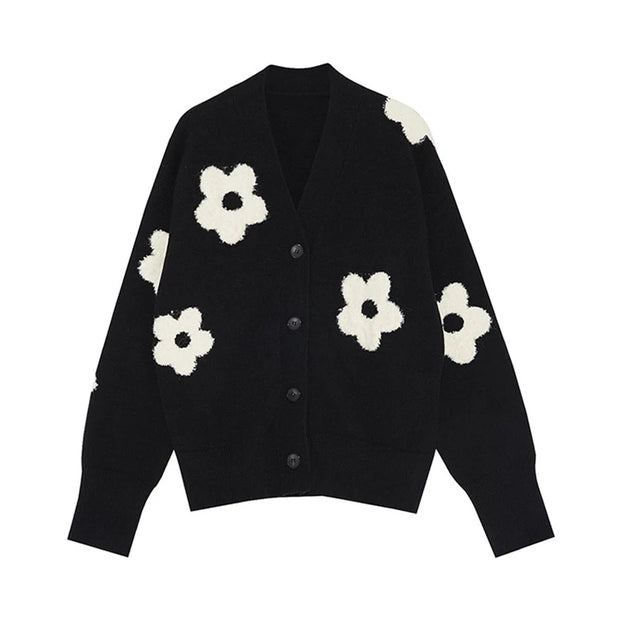 Cardigans for Women Sweater Floral Single Breasted V-Neck Chic Casual Knitted Coat  Fashion Long Sleeve Female Cardigan