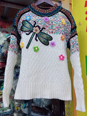 Retro knitted pullover with contrasting colors dragonfly embroidery ethnic style round neck sweater top