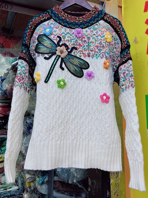 Retro knitted pullover with contrasting colors dragonfly embroidery ethnic style round neck sweater top