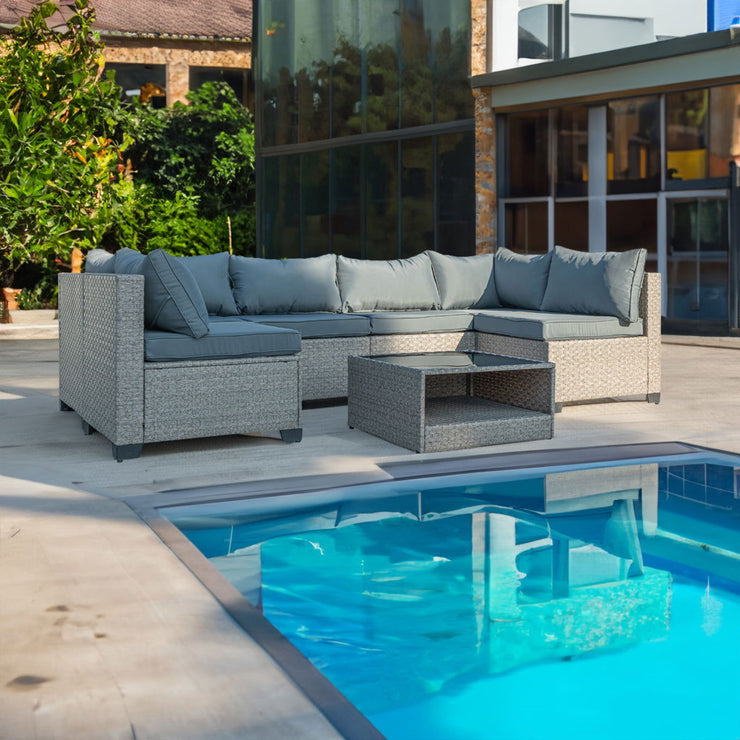 7-Piece Patio Furniture Set, All-Weather Boho Outdoor Conversation Set Sectional Sofa with Water Resistant Grey Thick Cushions - Follow yourDream