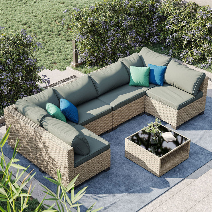 7-Piece Patio Furniture Set, All-Weather Boho Outdoor Conversation Set Sectional Sofa with Water Resistant Grey Thick Cushions - Follow yourDream
