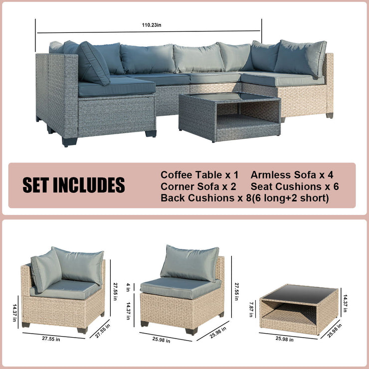 7-Piece Patio Furniture Set, All-Weather Boho Outdoor Conversation Set Sectional Sofa with Water Resistant Grey Thick Cushions - Follow yourDream