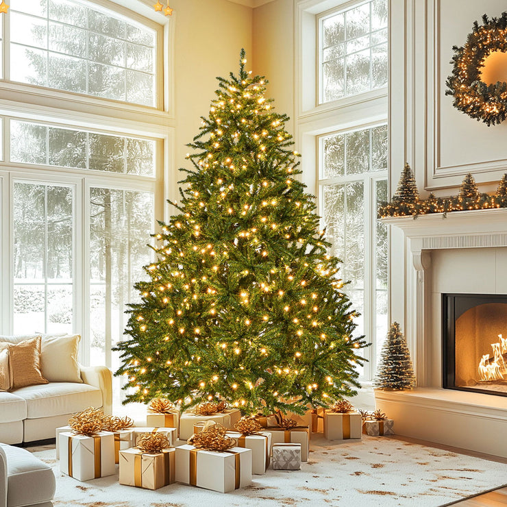 7-foot pre lit artificial holiday Christmas tree with 700 warm white lights, 2231 branches, easy to assemble, foldable base - Follow yourDream