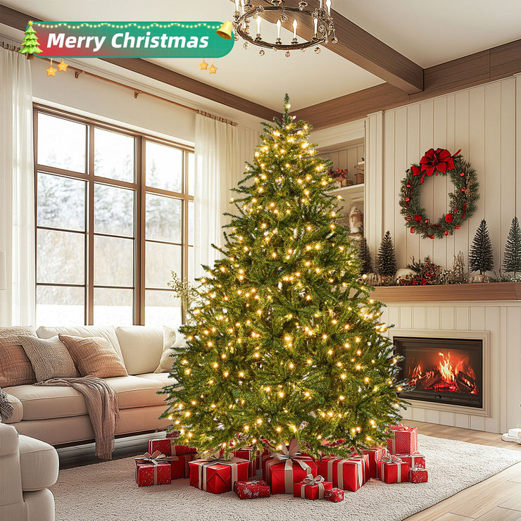 7-foot pre lit artificial holiday Christmas tree with 700 warm white lights, 2231 branches, easy to assemble, foldable base - Follow yourDream