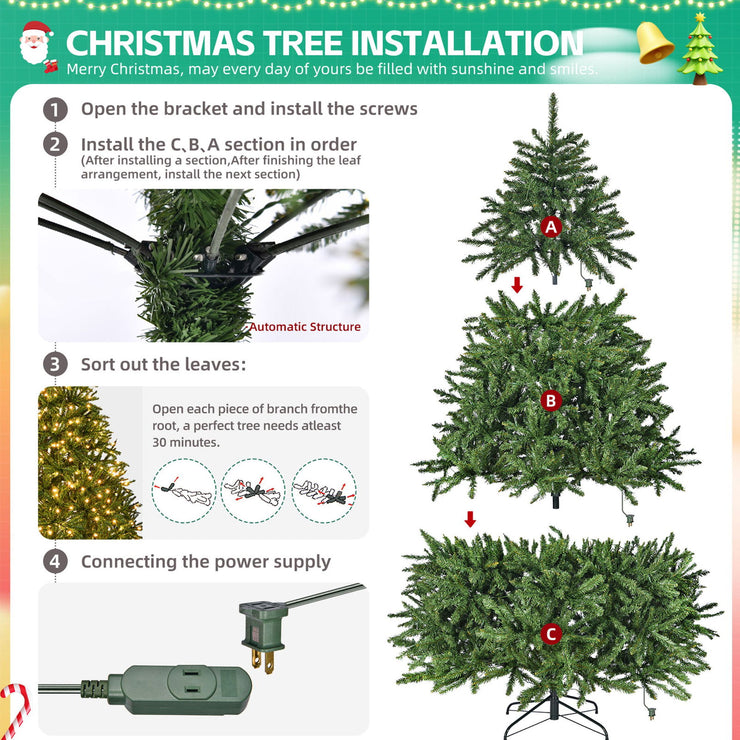 7-foot pre lit artificial holiday Christmas tree with 700 warm white lights, 2231 branches, easy to assemble, foldable base - Follow yourDream
