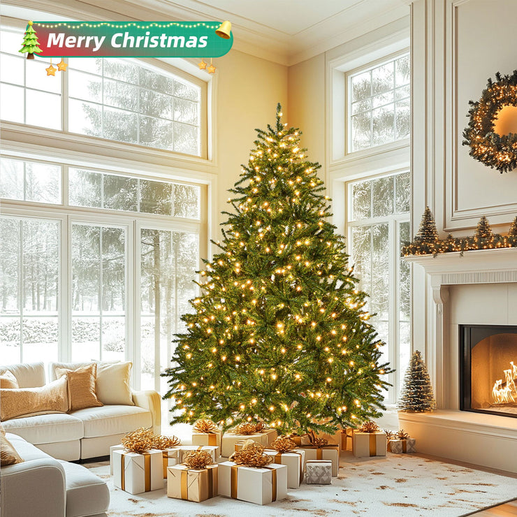 7-foot pre lit artificial holiday Christmas tree with 700 warm white lights, 2231 branches, easy to assemble, foldable base - Follow yourDream