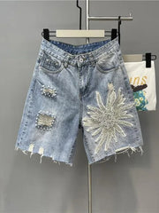 Heavy industry nail bead 3D three-dimensional flower hole shorts for women high waisted loose wide leg pants