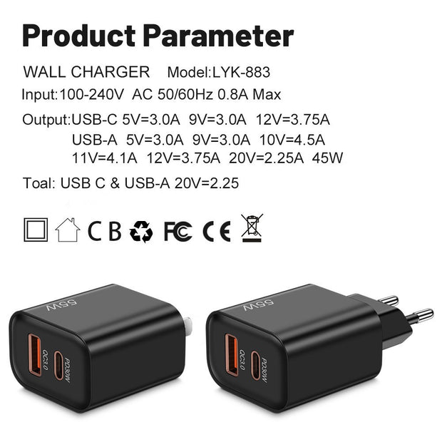 55W supports super fast charging and is fully compatible with USB+PD fast charging for mobile phone charging