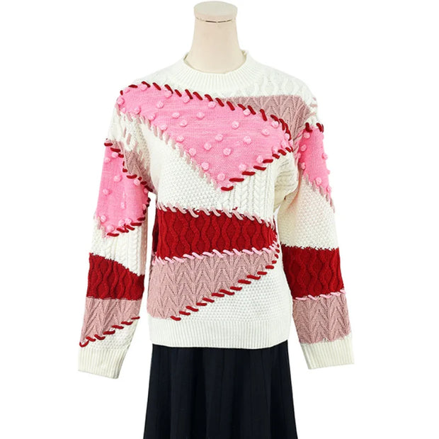 Crew Neck Color Block Sweater Pink Knit Pullover Long Sleeve Jumpers Knitwear Tops   Autumn/Winter New in Woman Clothing